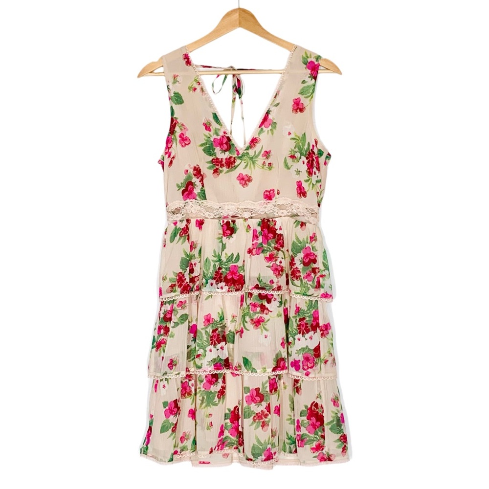 ASOS Miss Selfridge Floral Tiered Mini Dress V-Neck Lace Trim Size 4 Romantic